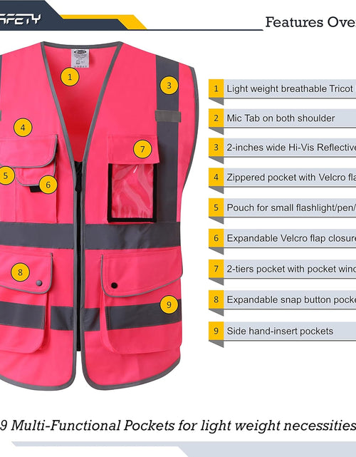 Load image into Gallery viewer, 9 Pockets Class 2 High Visibility Zipper Front Safety Vest with Reflective Strips, Meets ANSI/ISEA Standards (Large, 150-Pink)
