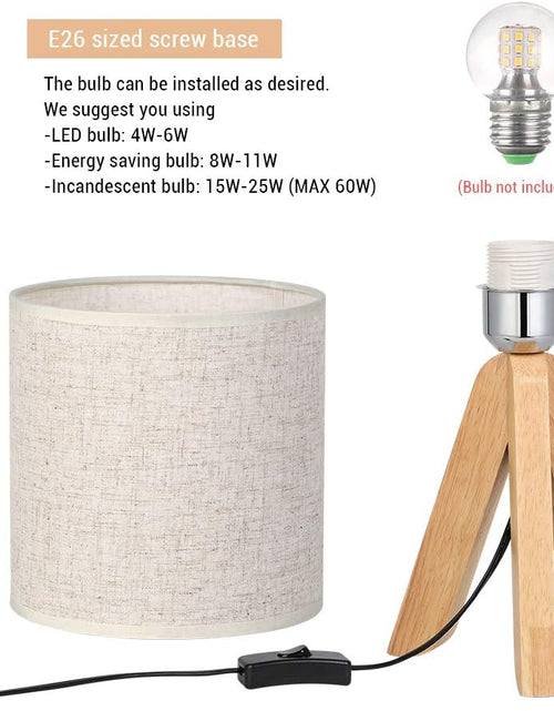 Load image into Gallery viewer, Small Bedside Table Lamp - Wooden Tripod Nightstand Lamp for Bedroom, Living Room, Office, Home with Fabric Linen Shade - 13.4 Inches (Without Bulb)

