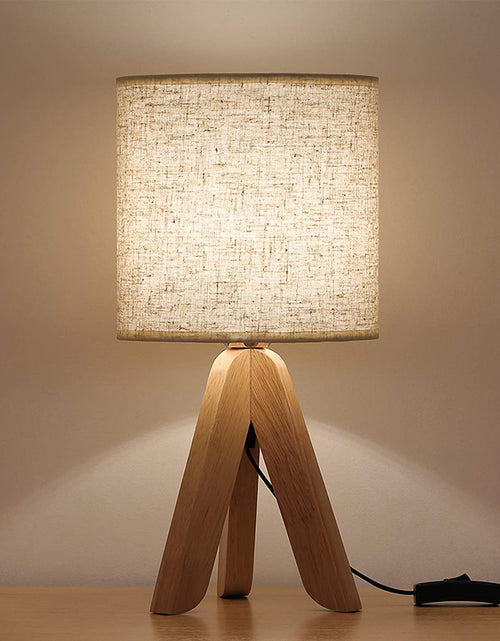 Load image into Gallery viewer, Small Bedside Table Lamp - Wooden Tripod Nightstand Lamp for Bedroom, Living Room, Office, Home with Fabric Linen Shade - 13.4 Inches (Without Bulb)
