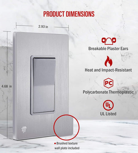 Elite Series Decorator Light Switch with Brushed Screwless Wall Plate, Single Pole, 3 Wire, Grounding Screw, Residential Grade, 15A 120V, UL Listed, 91150-SVWBP, Silver with Wall Plate