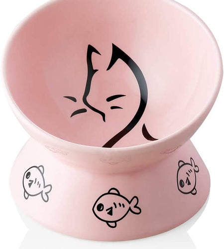 Raised Cat Bowl for Dry Wet Cat Food, Ceramic Elevated Pet Bowl Cat Dish, Protect Cat'S Spine, Stress Free, Slanted Design for Cat Easy Eating, 10 Oz, Dishwasher Safe (Pink)