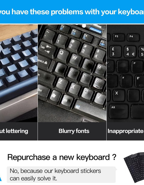 Load image into Gallery viewer, 2PCS Pack Universal English Keyboard Stickers, Computer Keyboard Stickers Black Background with White Lettering for Computer Laptop Notebook Desktop (English)

