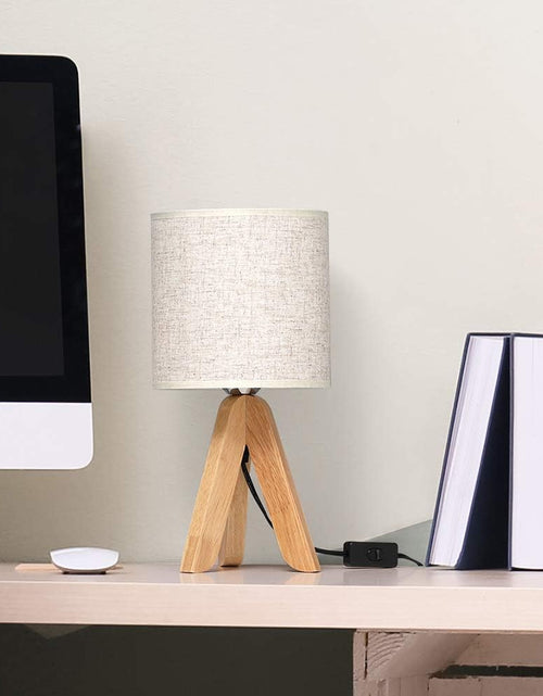 Load image into Gallery viewer, Small Bedside Table Lamp - Wooden Tripod Nightstand Lamp for Bedroom, Living Room, Office, Home with Fabric Linen Shade - 13.4 Inches (Without Bulb)
