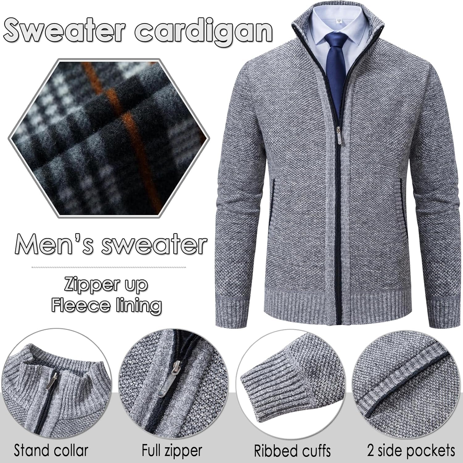 Men'S Casual Slim Full Zip Thick Knitted Cardigan Sweaters with Pockets