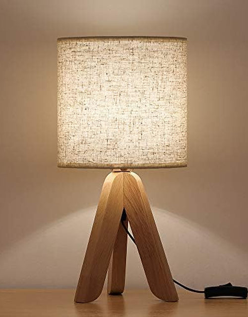 Load image into Gallery viewer, Small Bedside Table Lamp - Wooden Tripod Nightstand Lamp for Bedroom, Living Room, Office, Home with Fabric Linen Shade - 13.4 Inches (Without Bulb)

