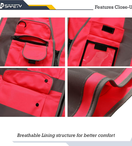 9 Pockets Class 2 High Visibility Zipper Front Safety Vest with Reflective Strips, Meets ANSI/ISEA Standards (Large, 150-Pink)