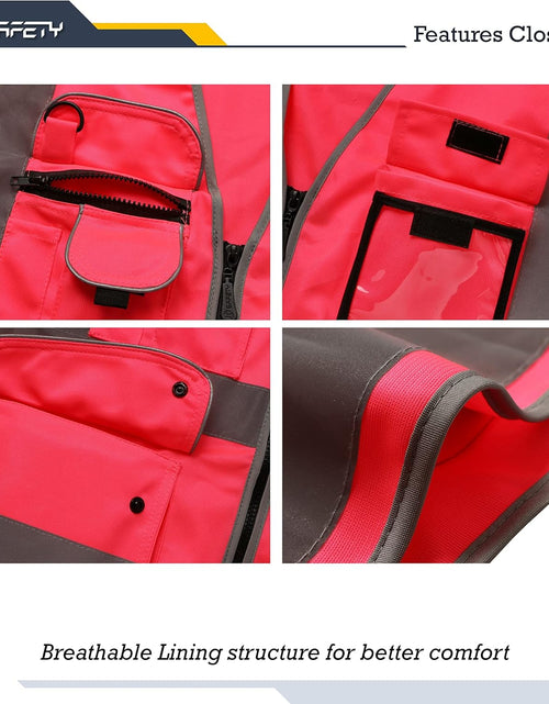 Load image into Gallery viewer, 9 Pockets Class 2 High Visibility Zipper Front Safety Vest with Reflective Strips, Meets ANSI/ISEA Standards (Large, 150-Pink)
