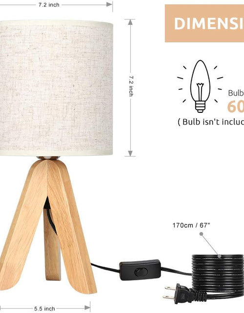 Load image into Gallery viewer, Small Bedside Table Lamp - Wooden Tripod Nightstand Lamp for Bedroom, Living Room, Office, Home with Fabric Linen Shade - 13.4 Inches (Without Bulb)
