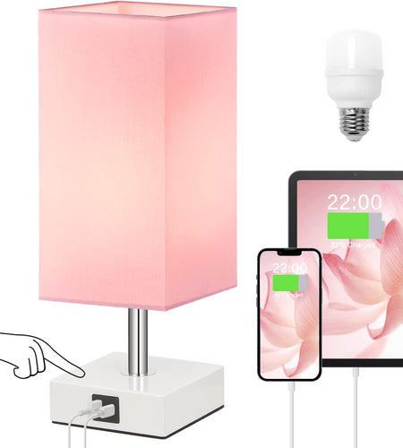 Touch Control Table Lamp with USB A+C Charging Ports, 3 Way Touch Lamps beside Desk, Nightstand Lamp for Bedrooms Living Room, Pink Shade with White Base, LED Bulb Included(Pink)