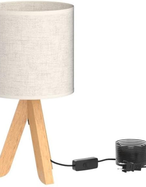 Load image into Gallery viewer, Small Bedside Table Lamp - Wooden Tripod Nightstand Lamp for Bedroom, Living Room, Office, Home with Fabric Linen Shade - 13.4 Inches (Without Bulb)
