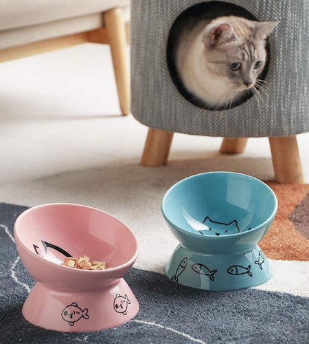 Raised Cat Bowl for Dry Wet Cat Food, Ceramic Elevated Pet Bowl Cat Dish, Protect Cat'S Spine, Stress Free, Slanted Design for Cat Easy Eating, 10 Oz, Dishwasher Safe (Pink)
