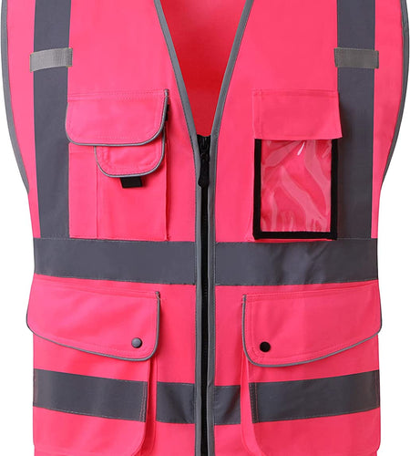 9 Pockets Class 2 High Visibility Zipper Front Safety Vest with Reflective Strips, Meets ANSI/ISEA Standards (Large, 150-Pink)