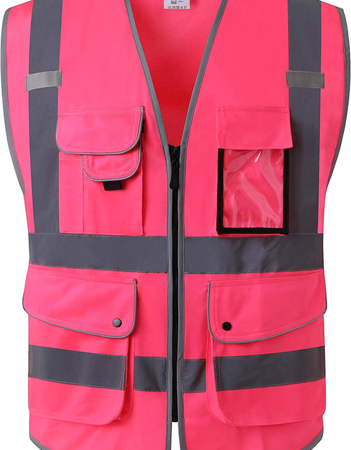 Load image into Gallery viewer, 9 Pockets Class 2 High Visibility Zipper Front Safety Vest with Reflective Strips, Meets ANSI/ISEA Standards (Large, 150-Pink)
